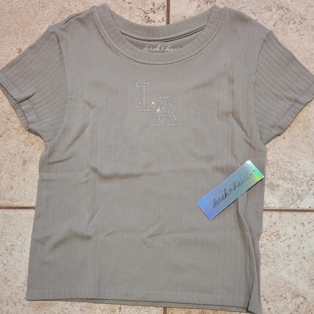 Derek Heart Olive Short Sleeve Rhinestone LA Tee
